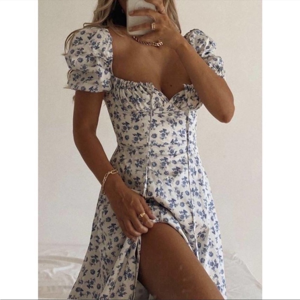 House of CB ‘Tallulah’ Blue & White Floral Puff Sleeve Bustier Dress NWOT - Picture 7 of 13